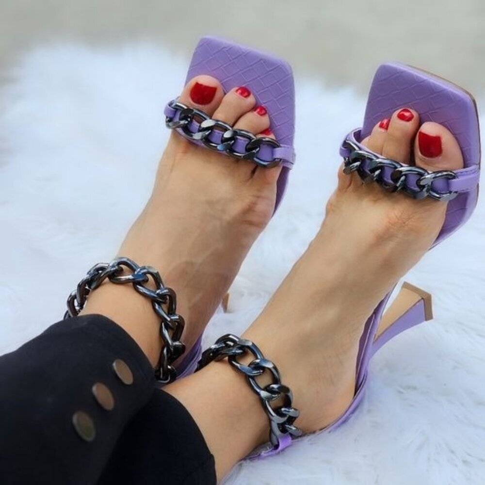 Purple Women's Ankle Strap Stiletto Sandals Metallic Chain Back Zipper - Picture 4 of 6